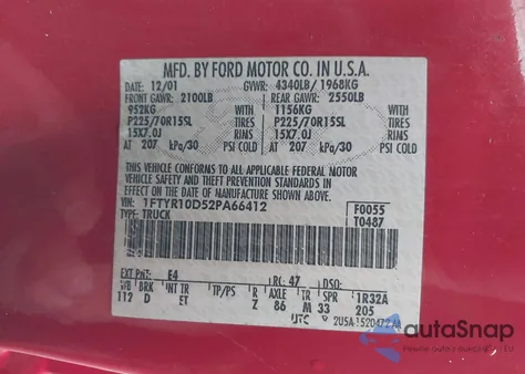 2002 Ford Ranger Xl/Xlt z USA, uszkodzony, nr VIN 1FTYR10D52PA66412